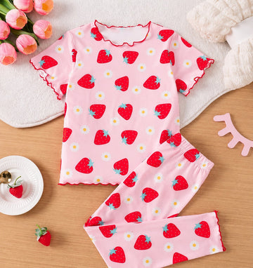 0000 Baby Pink All Over Strawberry Printed Half Sleeves T-shirt with Strawberry Printed Pajama Kids Suits