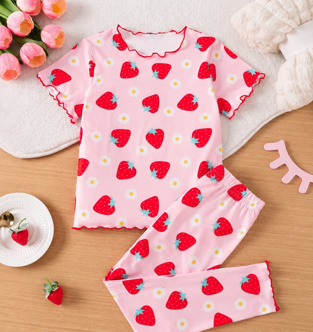 0000 Baby Pink All Over Strawberry Printed Half Sleeves T-shirt with Strawberry Printed Pajama Kids Suits