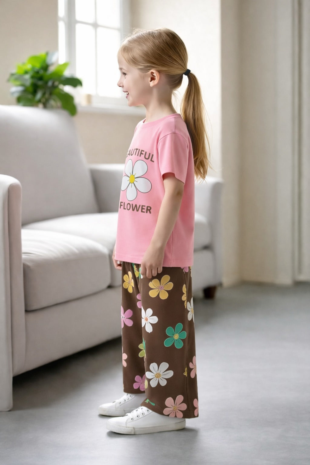 0000 Baby Pink Beautiful Flower Printed Half Sleeves T-shirt with Brown Multi Flower Printed Pajama Kids Suits