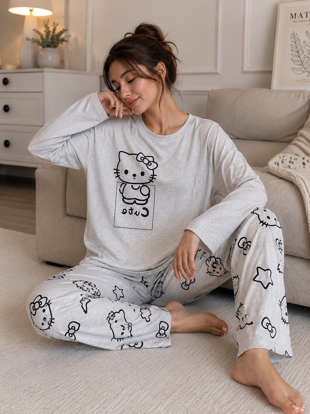 0000 Grey Kitty Printed Full Sleeves T-shirt With Kitty Printed Pajama Suit