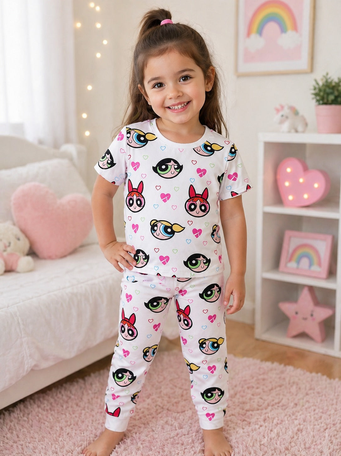 0000 Offwhite Power girls Printed Half Sleeves T-shirt with Power Girl Digital Printed Pajama Kids Suits