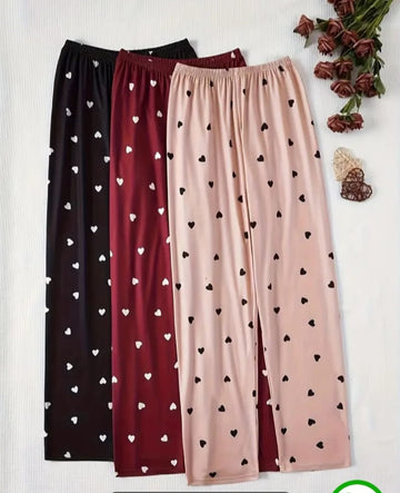 0000 Pack Of 3 Heart Printed Plazzo Style Pajamas For Ladies (Mehroon, Black,Baby pink)