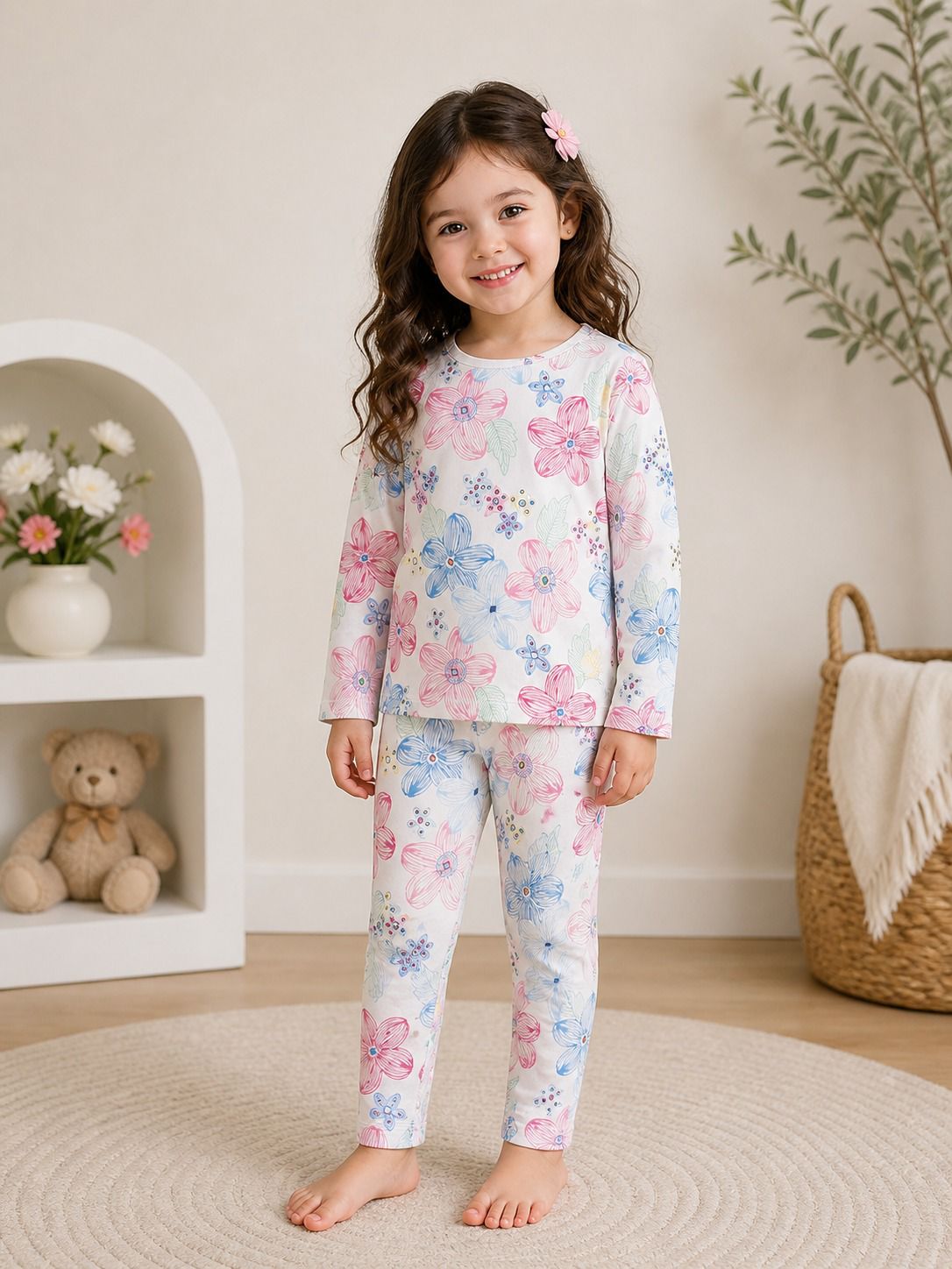 0000 Offwhite Big Flowers Printed Full Sleeves T-shirt with Flowers Pajama Kids Suits