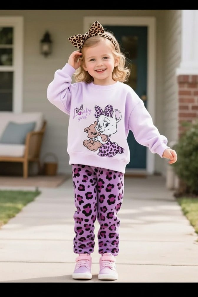 0001  Lilac Kitty Lovely Girl Printed Sweatshirt With Lilac Cheetah Printed Fleece Trouser Tracksuit For Kids