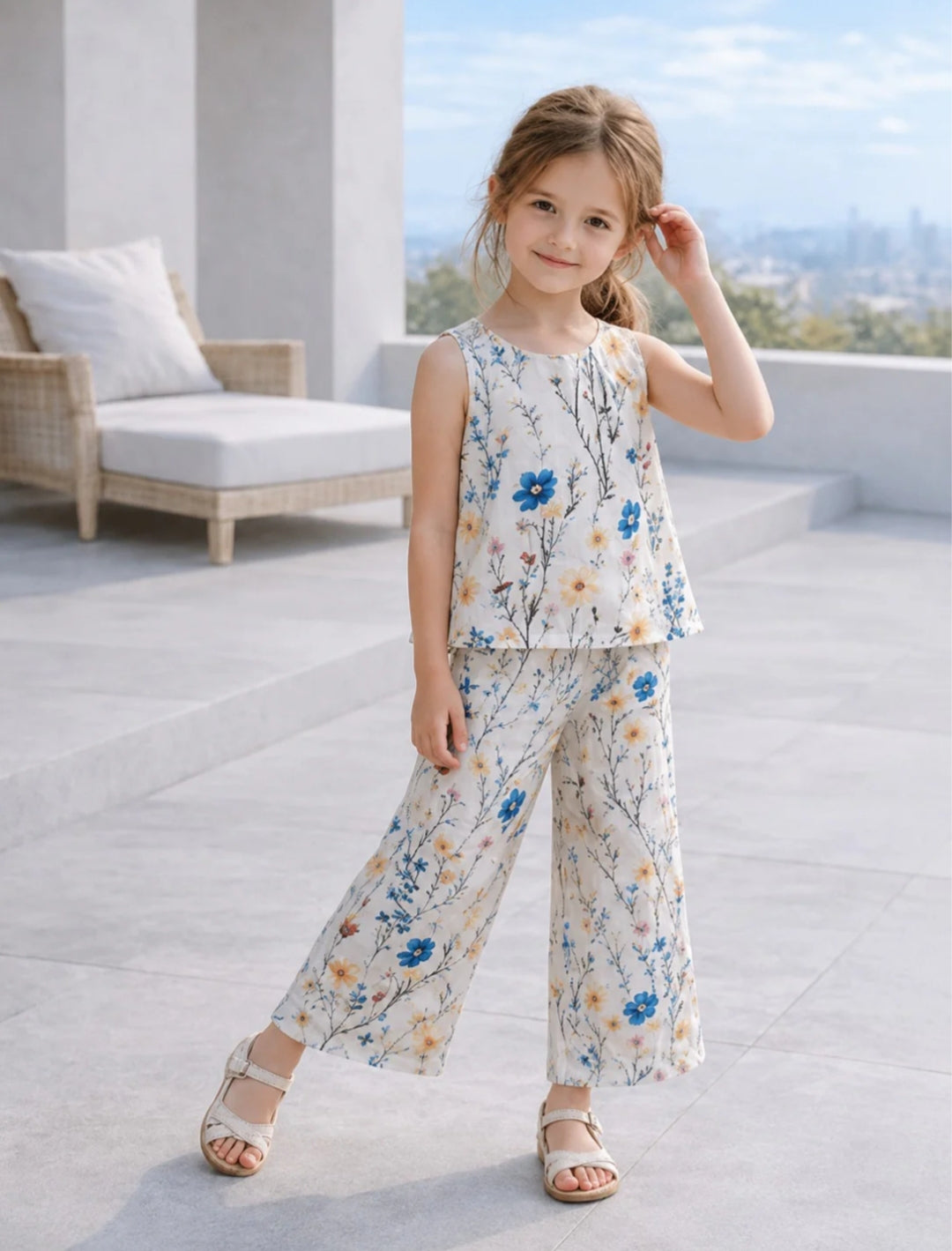 0000 Offwhite Flowers Sleeves Less T-shirt with Flower Printed Pajama Kids Suits