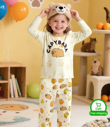 0000 Offwhite CAPYBARA Printed Full Sleeves T-shirt with Printed Pajama Kids Suits
