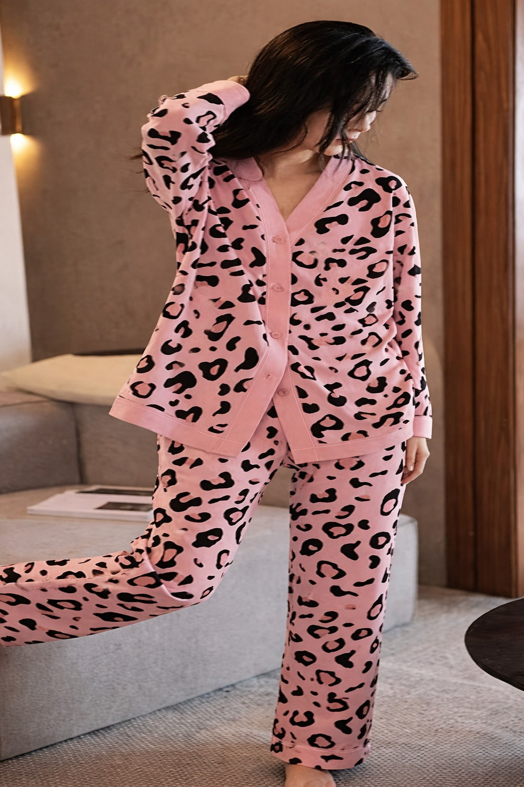 0001 Baby Pink Cheetah Printed Front Button Style For Her