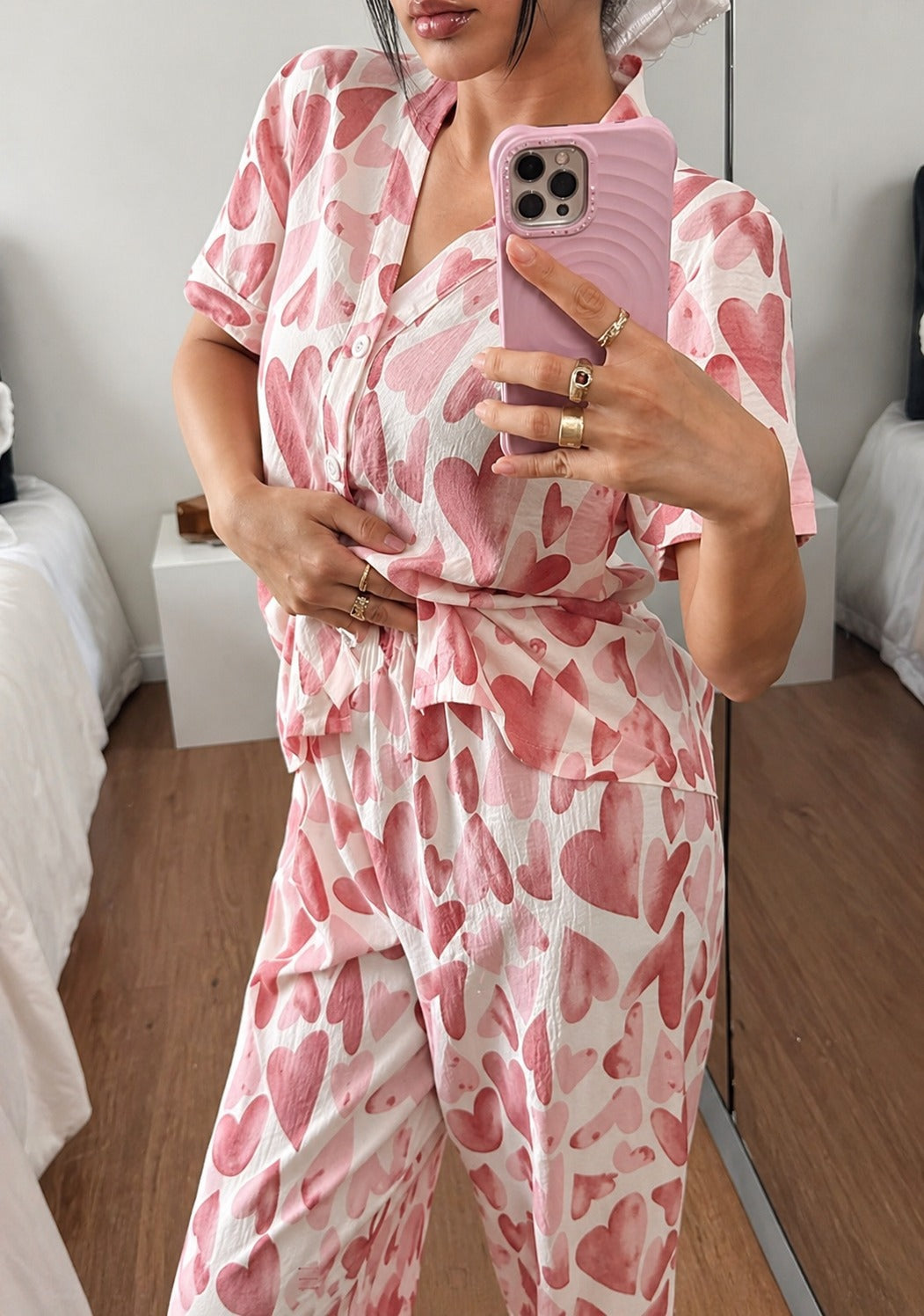 0000 Rose Pink All Over Big Hearts Printed Front Button Style For Her