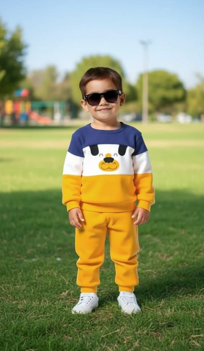 0000 Yellow Multi Bear Printed Sweatshirt With Yellow Fleece Trouser Tracksuit For Kids
