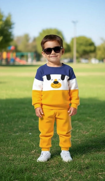 0000 Yellow Multi Bear Printed Sweatshirt With Yellow Fleece Trouser Tracksuit For Kids