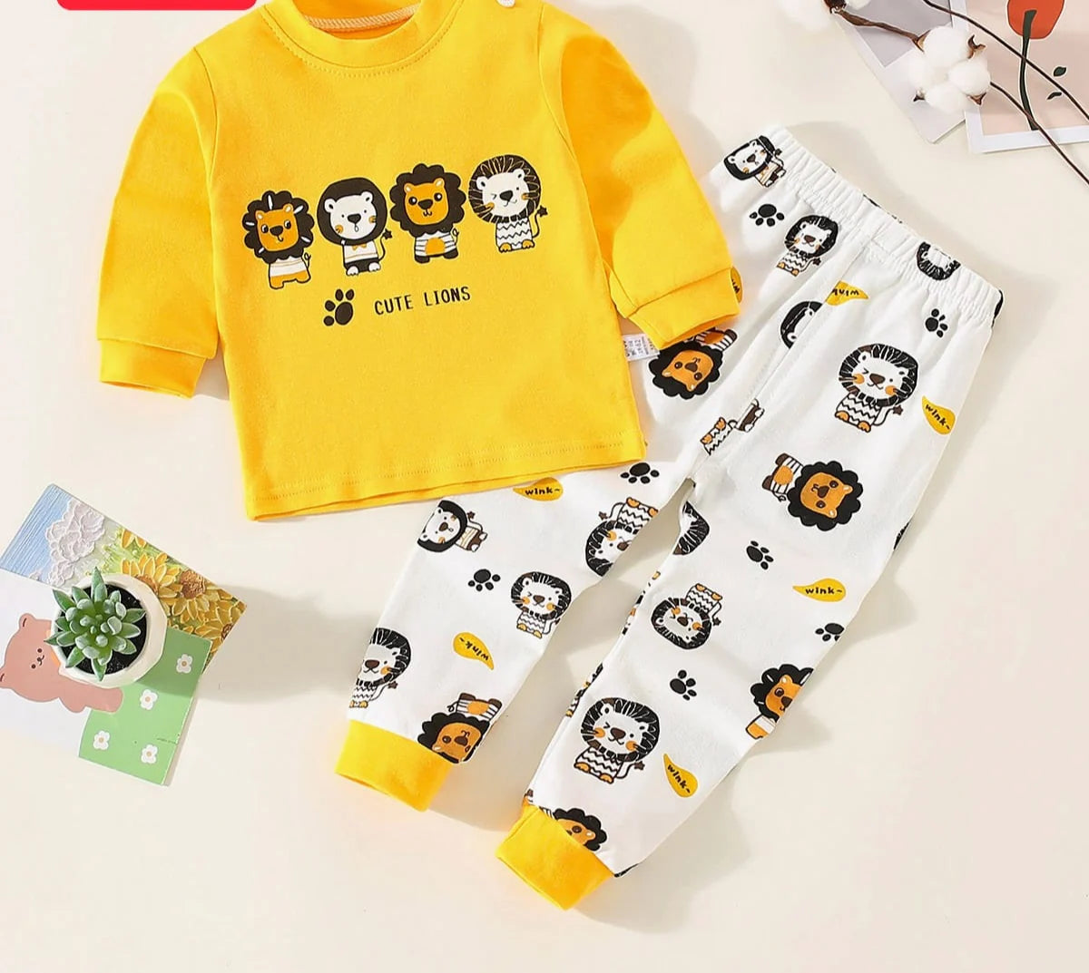 001 Baba Yellow Lion Printed Full Sleeves T-shirt with OffWhite Lion Printed Pajama Kids Suits (1 Pcs)