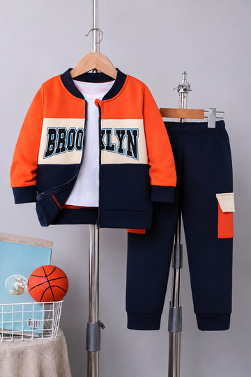 0000 Orange Brooklyn Printed Black Zipper Kids Tracksuit