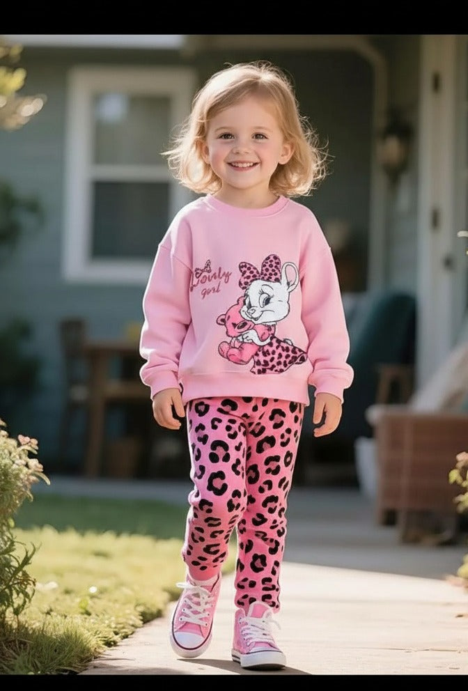 0000 Baby Pink Kitty Lovely Girl Printed Sweatshirt With Baby Pink Cheetah Printed Fleece Trouser Tracksuit For Kids