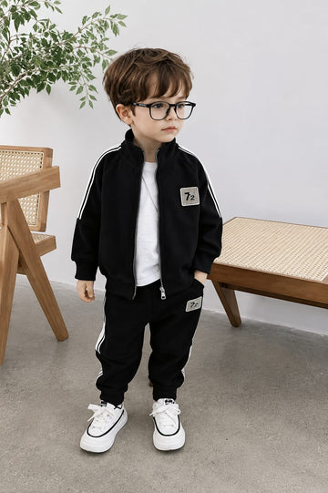 0000 Black White Strip 72 Printed Zipper Kids Tracksuit