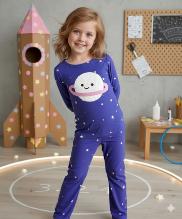 0000 Purple Moon Star Printed Half Sleeves T-shirt with Printed Pajama Kids Suits