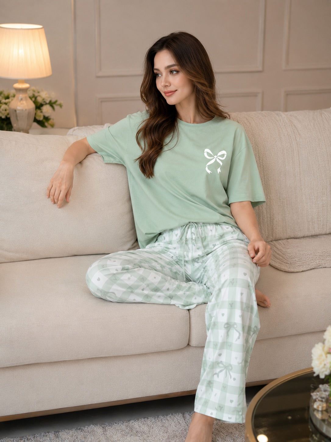 0000 Olive Green Bow Printed Half Sleeves T-shirt With Check Pajama Suit
