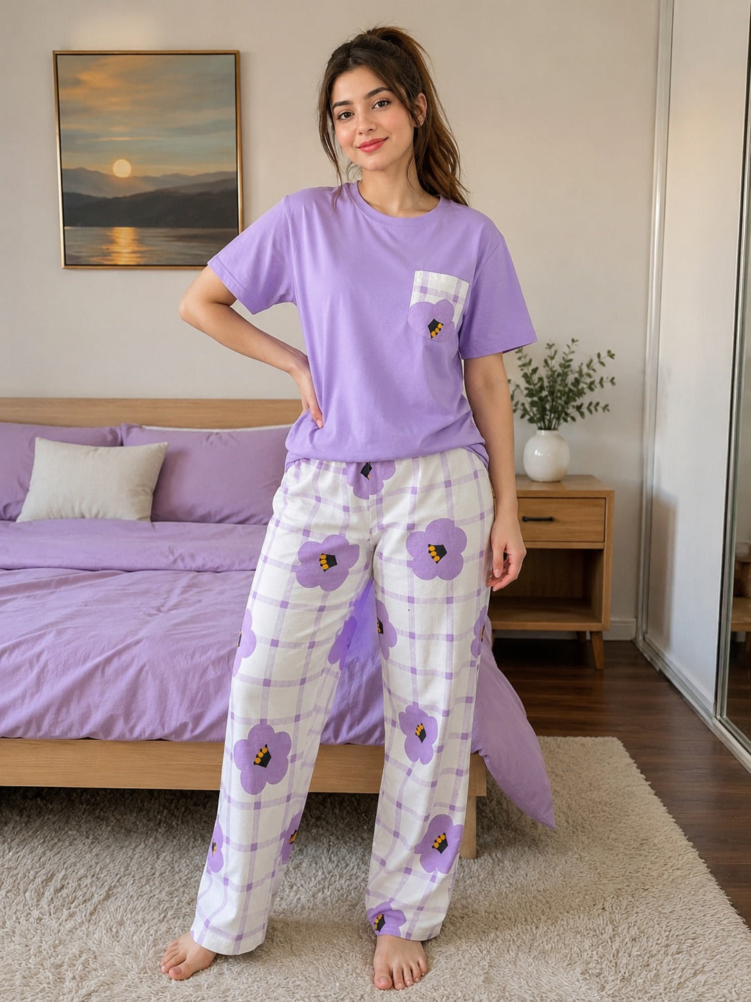 0000 Lilac Check flower Pocket Printed Half Sleeves T-shirt With Check Flower Printed Pajama Suit