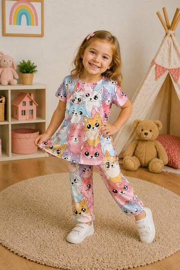 0000 Multi Cats Printed Half Sleeves T-shirt with Cats Printed Pajama Kids Suits (Polyester)