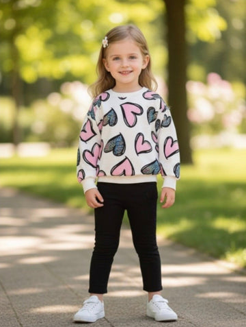 00000 White Mutli Heart Sweatshirt With Black Trouser For Kids
