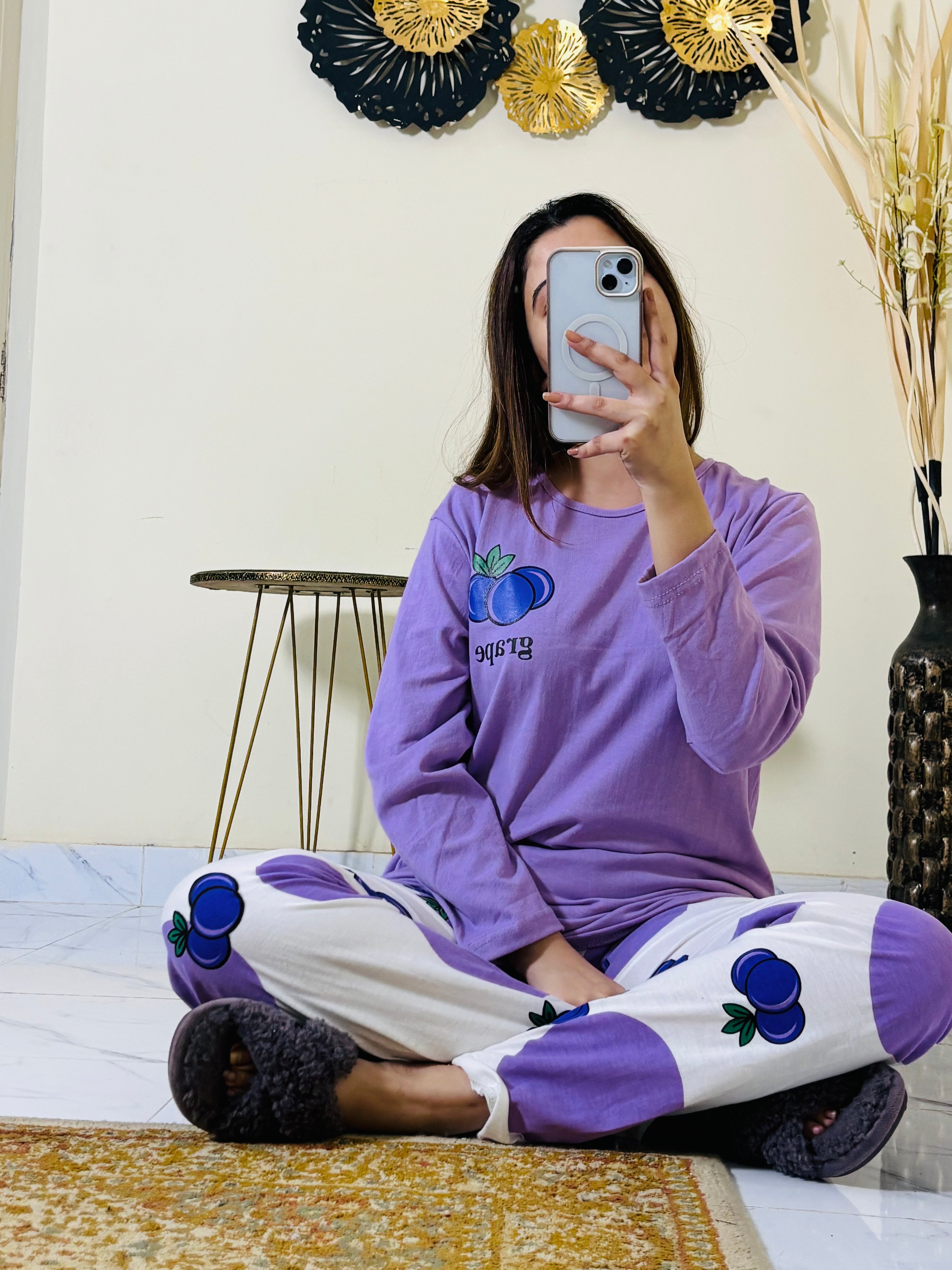 0001 Lilac Grapes Printed Full Sleeves T-shirt With Printed Pajama Suit
