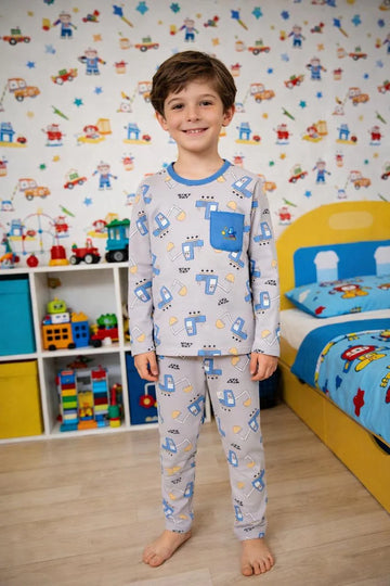 0000 Grey Truck Printed Full Sleeves T-shirt with Printed Pajama Kids Suits