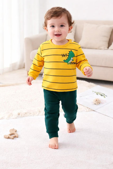 0000 Yellow Green Dinasour Printed Full Sleeves T-shirt with Green Plain Pajama Kids Suits