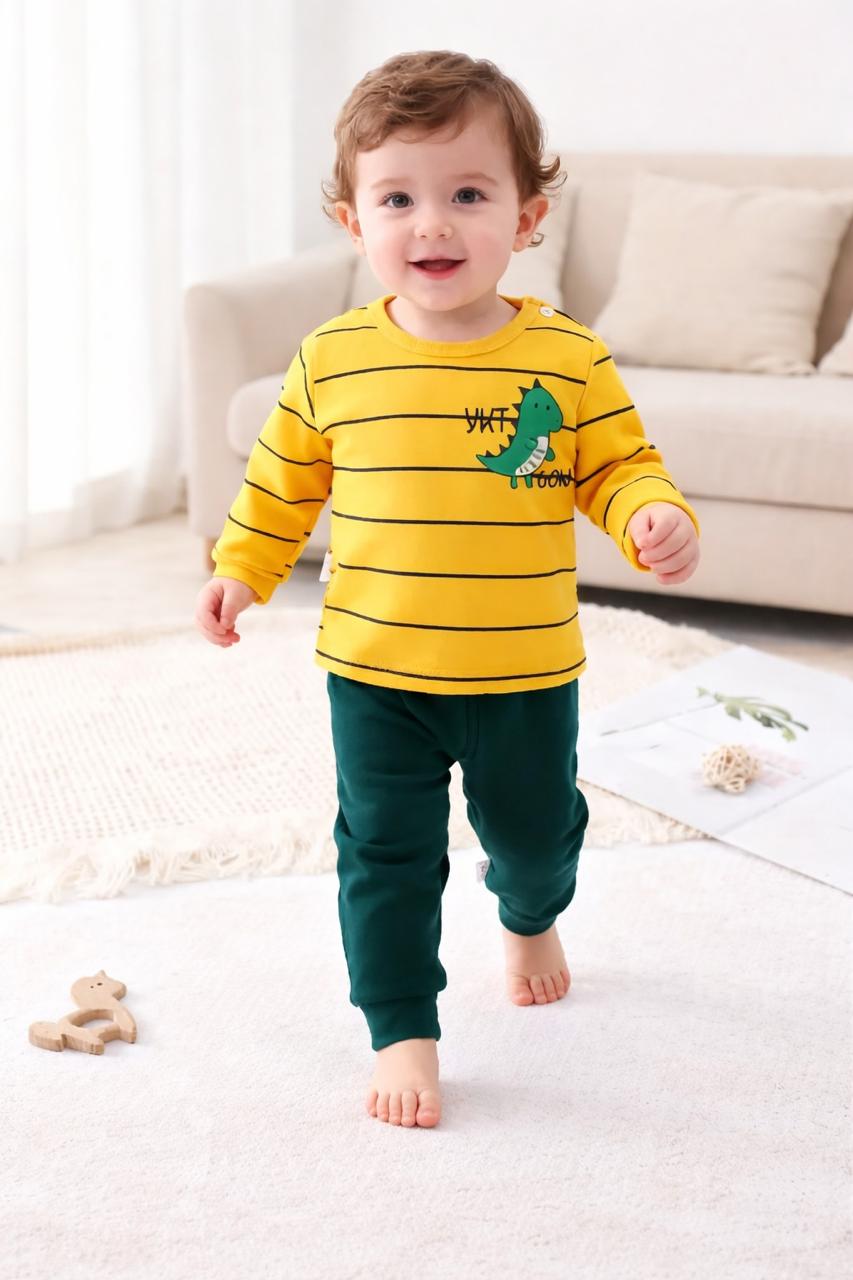 0001 Yellow Green Dinasour Printed Full Sleeves T-shirt with Green Plain Pajama Kids Suits