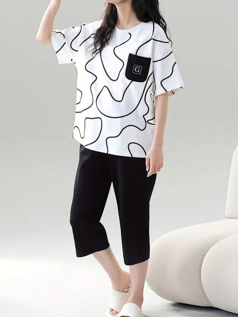 00000 White Black Lining Pocket  Printed Half Sleeves T-shirt With Plain Black  Pajama Suit