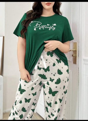 0000 BottleGreen Butterfly Printed Half Sleeves T-shirt With Butterfly Printed Pajama Suit
