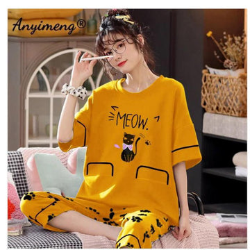 052 Yellow Meow Printed Half Sleeves T-shirt With Printed Trouser