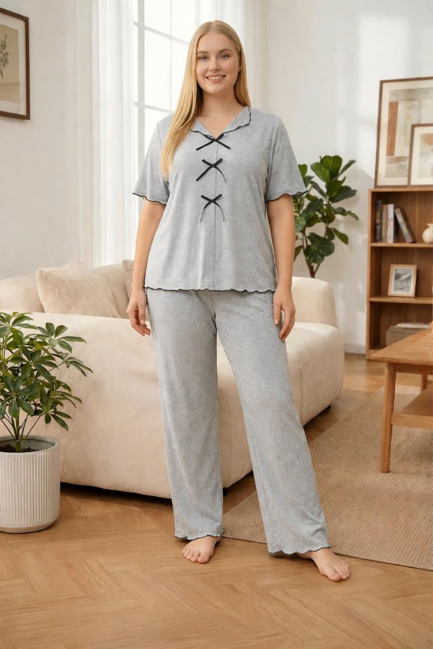 0000 Hazel Grey V-Neck Three Bow Design Half Sleeves With Matching Pajama night suit For Her