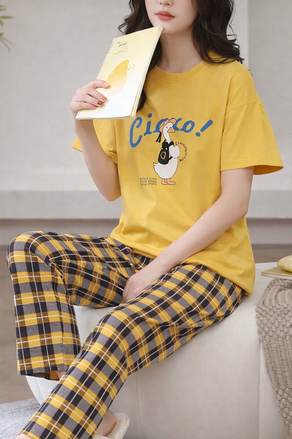0000 Yellow Circo Duck Printed Half Sleeves T-shirt With check Printed Pajama Suit