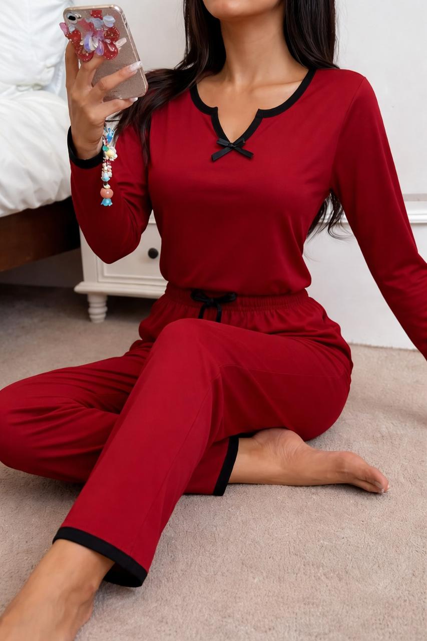 0000 Mahroon V-Neck Black Lace Bow Full Sleeves T-shirt With Matching Pajama night suit For Her