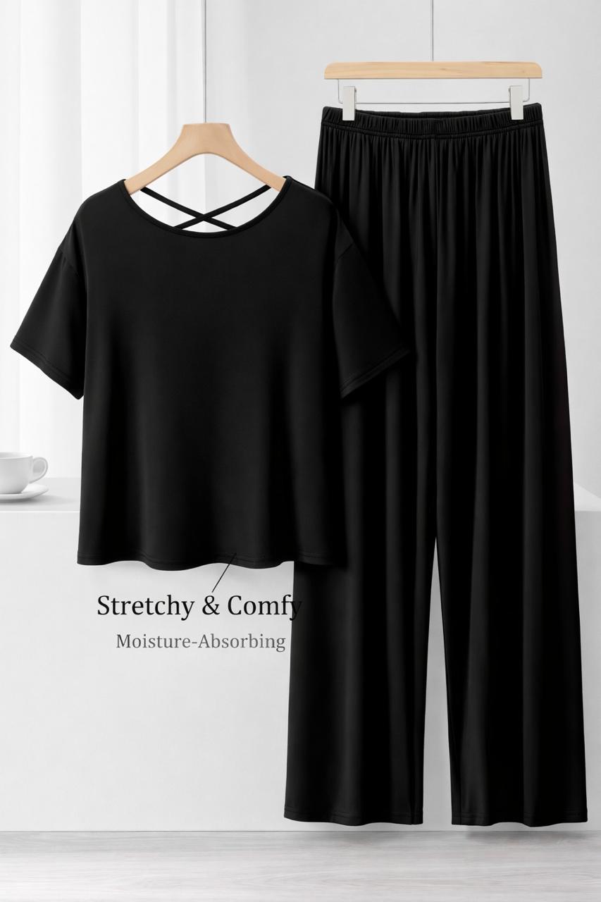 0000 Black Round Neck Back X Design Half Sleeves With Matching Pajama night suit For Her