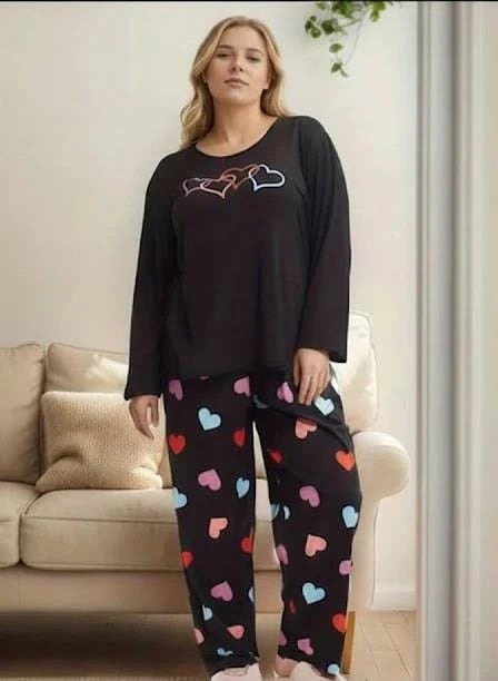 00000 Black Multi Hearts Print Full Sleeves Night Suit