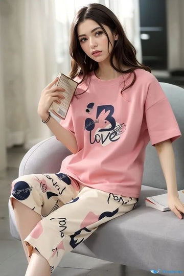 0000 Baby Pink Love Printed Half Sleeves T-shirt With Love Printed Pajama Suit
