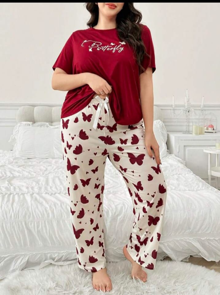 00001 Maroon Butterfly Printed Half Sleeves T-shirt With Butterfly Printed Pajama Suit