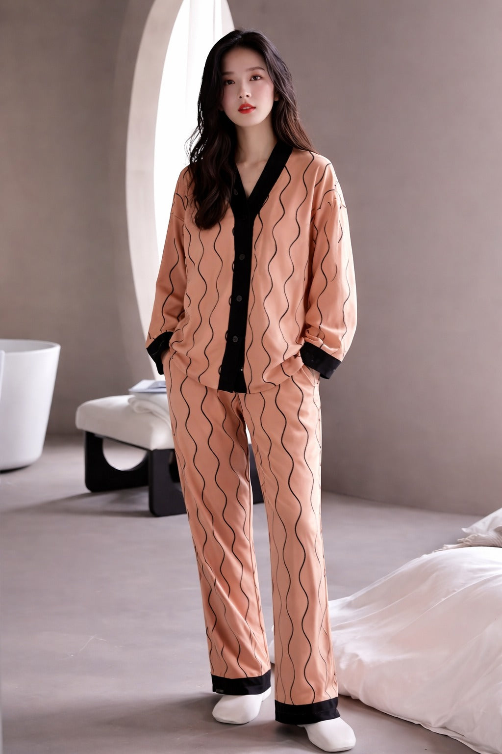 0000 Orange With Black lining Printed Front Button Style For Her