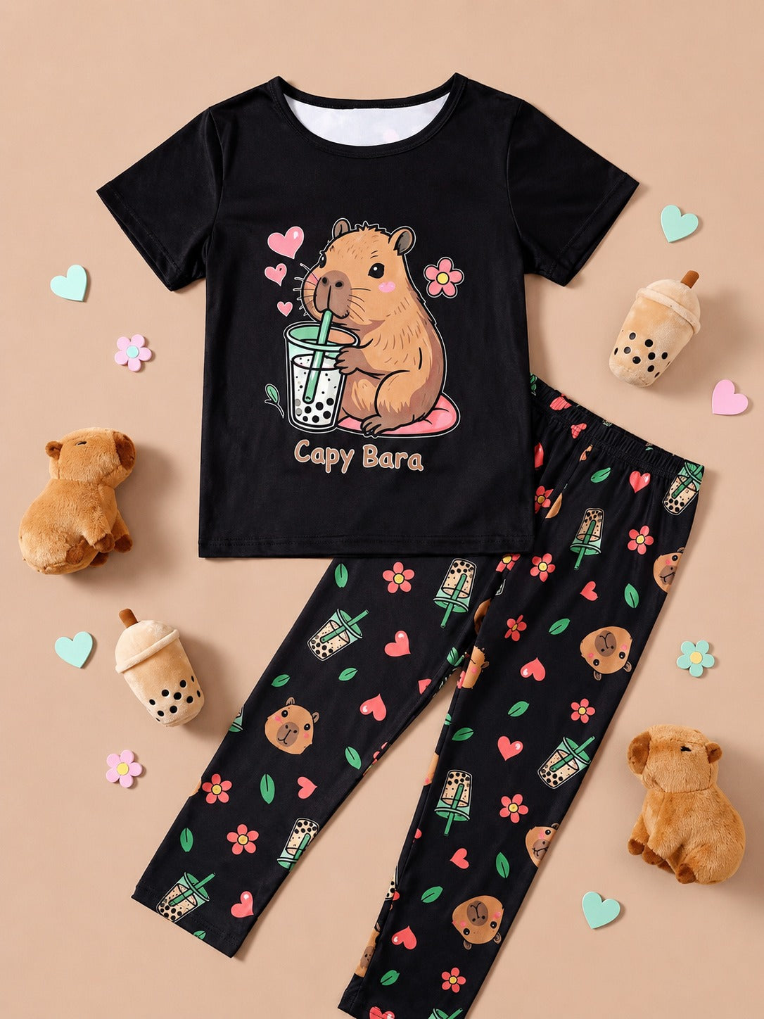 0000 Black Capybara Rabbit Printed Half Sleeves T-shirt with Printed Pajama Kids Suits