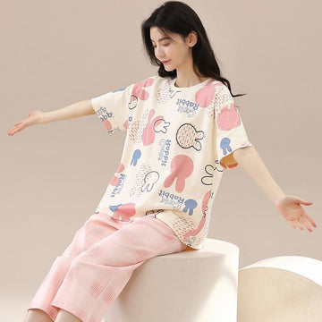 0000 Offwhite Multi Cute Rabbit Printed Half Sleeves T-shirt With Printed Pajama Suit