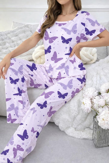 0000 Lilac All Over Butterfly Printed Half Sleeves T-shirt With Butterfly Printed Pajama Suit