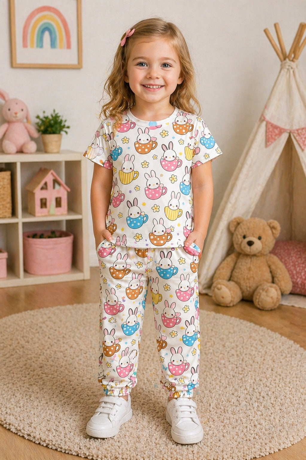 0000 Offwhite multi Rabbit Printed Half Sleeves T-shirt with Multi Rabbit Digital Printed Pajama Kids Suits