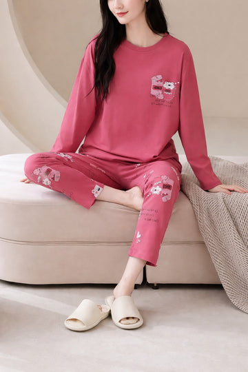0000 Hot Pink Sleepy Cat Printed Full Sleeves T-shirt With Sleepy Cat Printed Pajama Suit