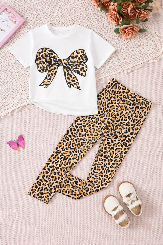 00001 Offwhite Cheetah Printed Bow Half Sleeves T-shirt with cheetah Printed Pajama Kids Suits