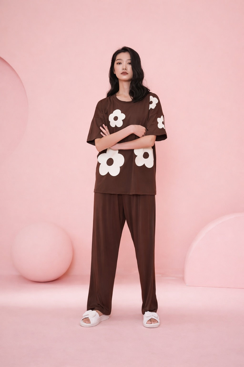 0000 Brown White Heart Printed Half Sleeves T-shirt With Brown Plain Pajama Suit