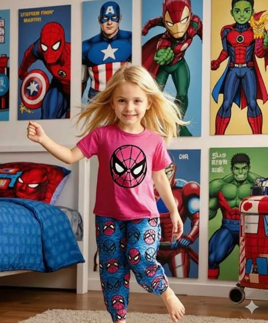 00001 Hot Pink Spider Man Face Printed Half Sleeves T-shirt with Blue Spider man Printed Pajama Kids Suits