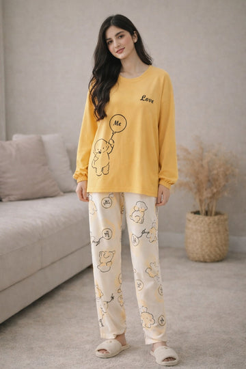 0000 Yellow Love Me Bear Print Full Sleeves Night Suit