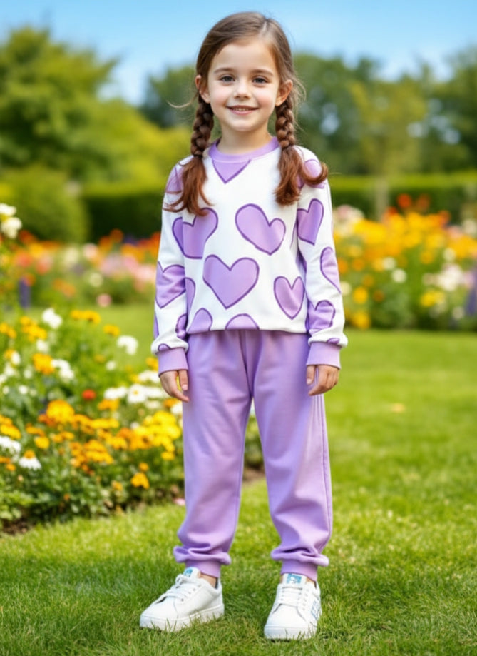 Offwhite Lilac Heart Printed Sweatshirt With Lilac Fleece Trouser Tracksuit For Kids