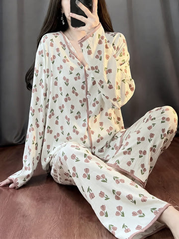 00000 A  Offwhite Tulip Flower Printed Front Button Style For Her