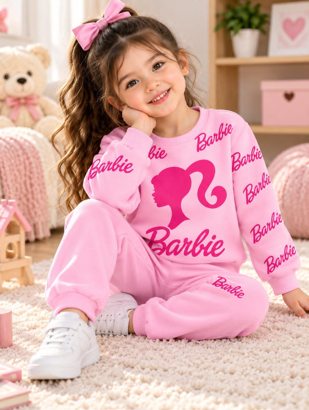 Baby Pink Barbie Printed Kids Tracksuit